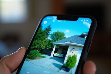 smartphone displays a live outdoor surveillance feed, highlighting the integration of smart devices with home security systems