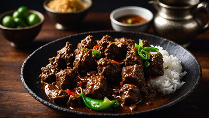 A close-up shot of a traditional black wok filled with tender beef rendang, coated in thick, dark brown coconut sauce, placed on a wooden surface with dramatic lighting emphasizing the depth and richn