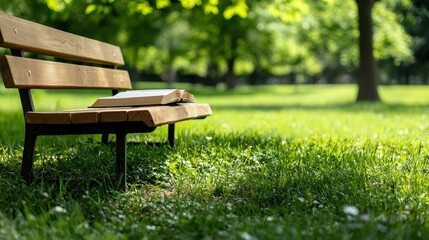 A wooden bench with an open book on it.