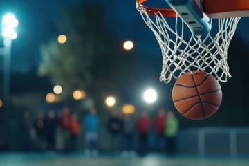 Fototapeta premium Basketball ready to score on outdoor court at night