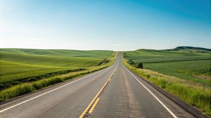 Fototapeta premium A smooth two-lane highway winding through rolling green fields under a clear blue sky, creating a tranquil, scenic drive with a limitless sense of exploration.