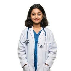 A young Indian girl wearing a white doctor's coat and stethoscope, smiling at the camera.