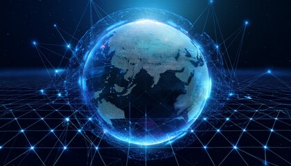 Obraz premium Night earth global virtual internet world connection of metaverse technology network digital