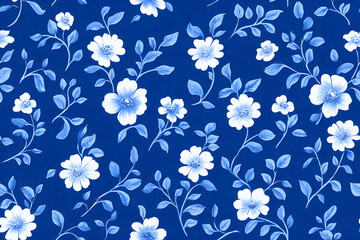 Fototapeta premium Blue and white french floral seamless pattern on a white background
