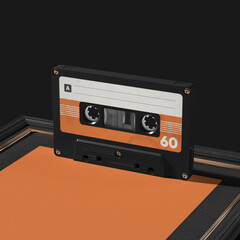 Vintage audio cassette with poster frame mockup. 3D rendering