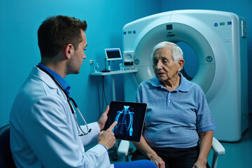 Obraz premium A doctor explaining MRI results to an elderly patient, illustrating the importance of medical consultations and patient care