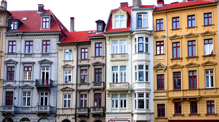 Fototapeta premium Row of old apartments buildings - late 19th and early 20th century - on Krasova street in the district of Zizkov, Prague, Czechia