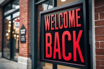Obraz premium A close-up of a red and black 'Welcome Back' sign hanging in an outdoor shopping area, with blurred brick buildings in the background