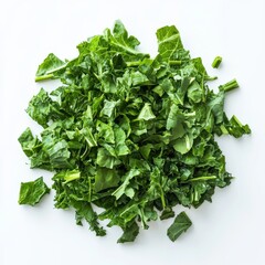 Fototapeta premium Freshly cut mustard greens, neatly chopped, vibrant green, close-up shot, clean white background