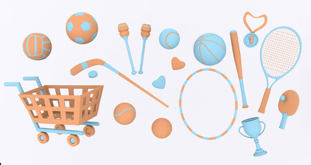 set of sporting goods supermarket trolley, sports balls, hoop, hockey sticks, soccer balls, tennis rackets, orange blue colors on white isolated background