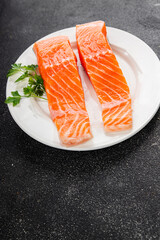 Salmon red fish organic seafood tasty fresh delicious gourmet food background on table rustic food top view copy space keto and paleo diet vegetarian food pescetarian diet