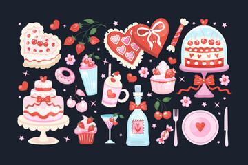 Set of Valentine's Day sweets in coquette rococo style. Heart-shaped cakes, cupcakes, milkshakes, candies, cherries, and romantic drinks in juicy cartoon style. Vector illustration.