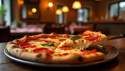 Delicious Pepperoni Pizza Served Fresh with Cheesy Pull and Basil Garnish