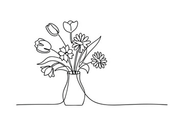 Elegant SingleLine Drawing of Tulips and Daisies in Vase
