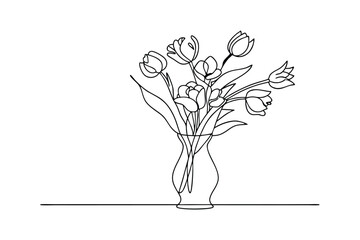 Elegant SingleLine Drawing of Tulips in a Glass Vase