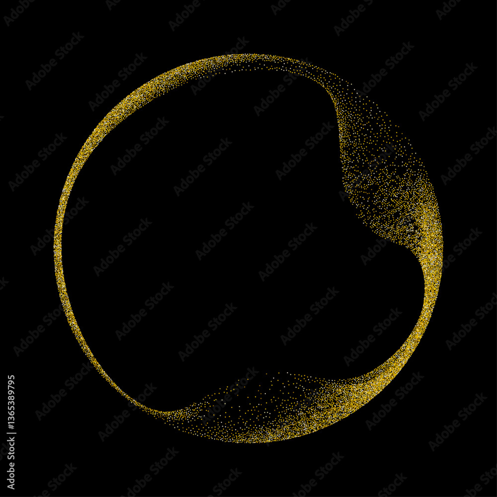 Leinwandbilder Abstract vector dot particles pattern flowing in a gold circular frame isolated on black background with copy space.