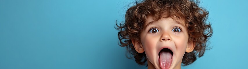 Naklejka premium A young child with curly hair sticks out their tongue
