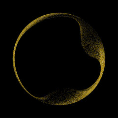 Abstract vector dot particles pattern flowing in a gold circular frame isolated on black background with copy space.
