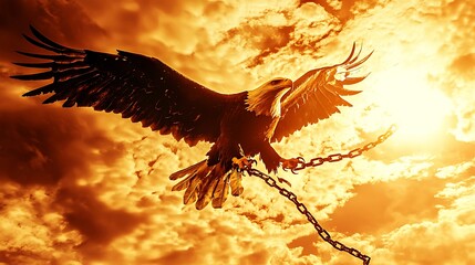 Powerful eagle soaring free from fiery sky.  Chains symbolize liberation