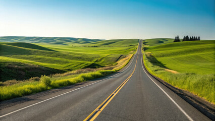 Fototapeta premium A smooth two-lane highway winding through rolling green fields under a clear blue sky, creating a tranquil, scenic drive with a limitless sense of exploration.