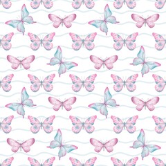 Seamless pattern with hand drawn colorful watercolor butterflies and wavy lines on white. Perfect for textile, wrapping paper, fabric, backdrop, wall hanging, scrapbooking, home decoration, bedding