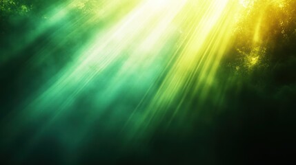 "Abstract Rays of Light Shining on a Dark Green Background, With Green and Yellow Hues, Creating a Dynamic and Radiant Visual, Symbolizing Energy, Growth, and Renewal"

