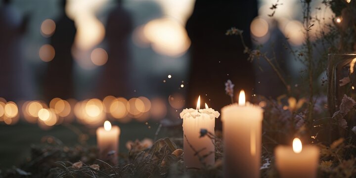 Serene Evening Memorial Service with Flickering Lights.