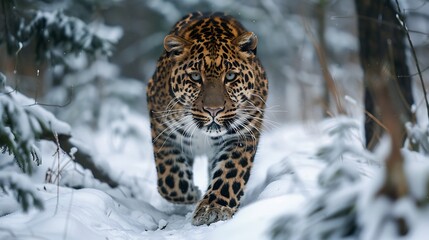 Majestic Amur leopard prowling through dense snowy forest of Russian Far East rare golden spotted coat blend into frost covered tree symbolizing beauty fragility of critically endangered specie