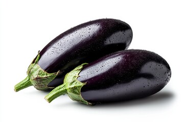 
Pair of glossy eggplants with rich purple hues on a white background