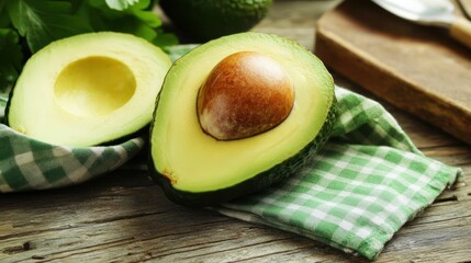 Ripe avocados sliced on wooden table, healthy food