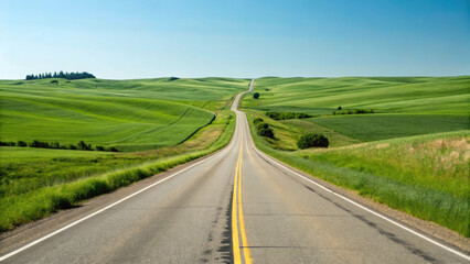 Fototapeta premium A smooth two-lane highway winding through rolling green fields under a clear blue sky, creating a tranquil, scenic drive with a limitless sense of exploration.