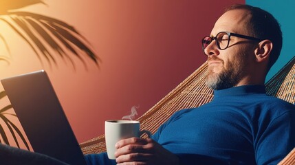 Middle-aged man with glasses relaxing in hammock with coffee and laptop du warm sunset lighting