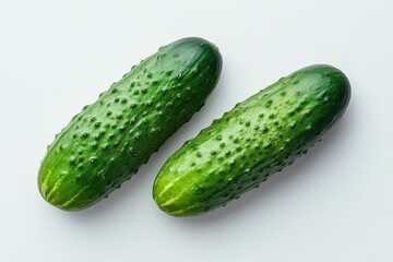 Two whole cucumbers with a deep green color on a white surface