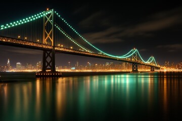 Naklejka premium A majestic view of the Brooklyn Bridge at night, glowing with city lights as traffic moves below