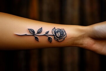 A minimalist fine-line tattoo of a delicate rose, freshly inked on a wrist