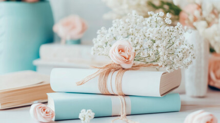 Delicate Floral Arrangement with Stacked Hardcover Books, Perfect for Springtime Reading Nook Decor