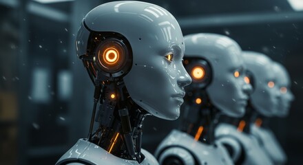 Fototapeta premium Humanoid robots lined up in the factory.