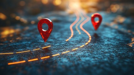 Abstract Road with Red Location Pins, Representing a Journey, Direction, and Navigation, Symbolizing Pathways, Travel, and the Quest for Progress and Discovery
