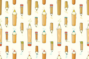 Pattern with pencils drawing lines on paper. School seamless pattern of doodle stationery for write. Sketch background of kids education concept with pencils, vector hand drawn illustration