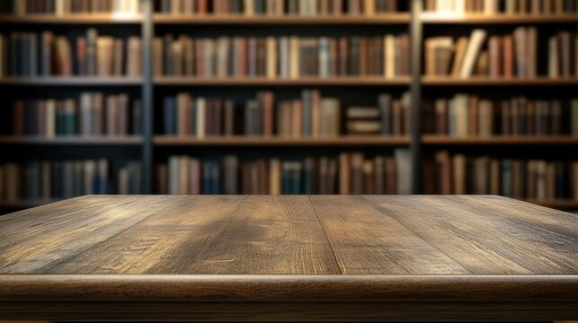An old wooden table in front of bookshelves filled with books- blurred background