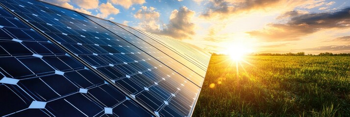 Sustainable Energy: Solar Panels and a Sunrise over a Field