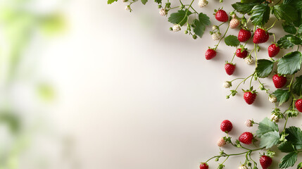Fototapeta premium Wild strawberries and green leaves border on soft white background. Great for organic ads, summer fruit designs or natural product packaging. Selective focus