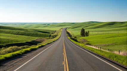 Fototapeta premium A smooth two-lane highway winding through rolling green fields under a clear blue sky, creating a tranquil, scenic drive with a limitless sense of exploration.