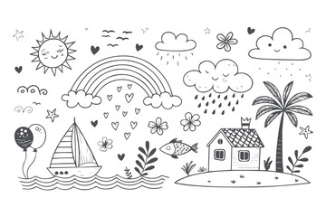 Fototapeta premium Hand drawn tropical tree and beach vector illustration set for summer vacation and travel designs