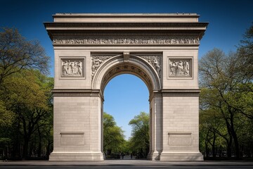 A sunny afternoon at Washington Square Park, with the famous arch standing tall against a bright blue sky