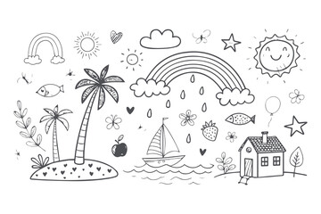 Obraz premium Hand drawn tropical tree and beach vector illustration set for summer vacation and travel designs