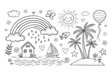 Hand drawn tropical tree and beach vector illustration set for summer vacation and travel designs