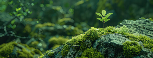 Small plant growing on mossy rough rock in the forest, macro photography background, green tone nature scene beautiful elegant hyper realistic high resolution.