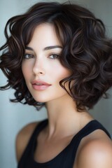 Naklejka premium Woman with curly hair posing thoughtfully in a studio setting during daytime