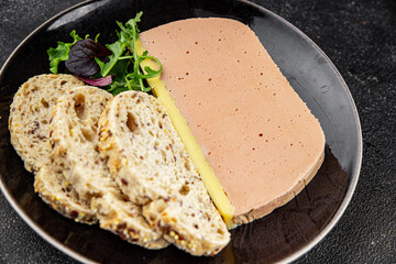 Liver mousse pate duck poultry meat tasty fresh delicious gourmet food background table rustic food...